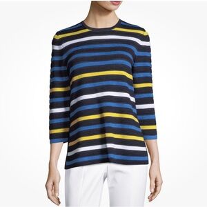 St. John Striped Blue Yellow Knit 3/4 Sleeve Pullover Sweater Womens Size M